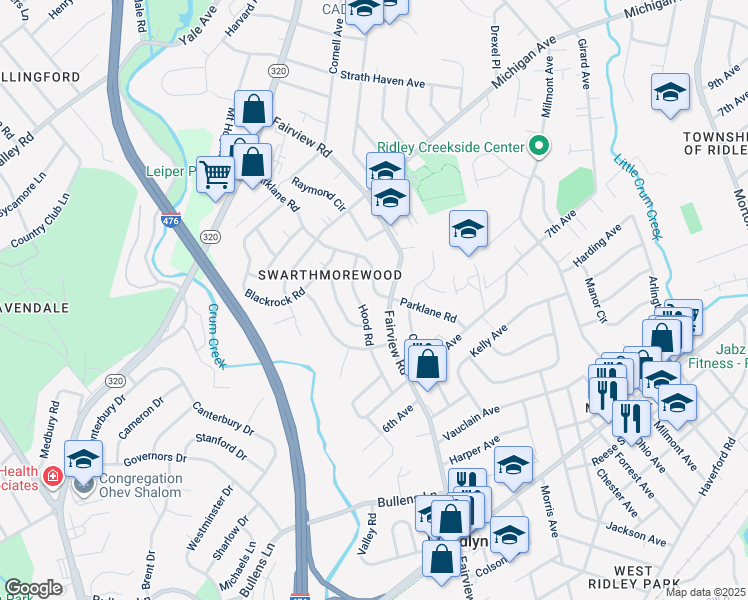 map of restaurants, bars, coffee shops, grocery stores, and more near 1310 Parklane Road in Woodlyn