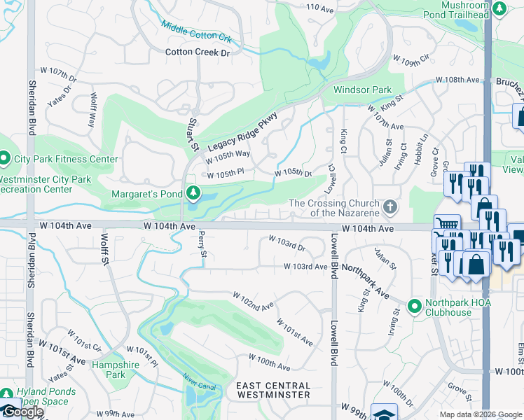 map of restaurants, bars, coffee shops, grocery stores, and more near 3975 West 104th Drive in Westminster