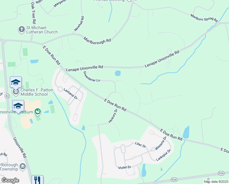 map of restaurants, bars, coffee shops, grocery stores, and more near Denbigh Chase Lane in Kennett Square