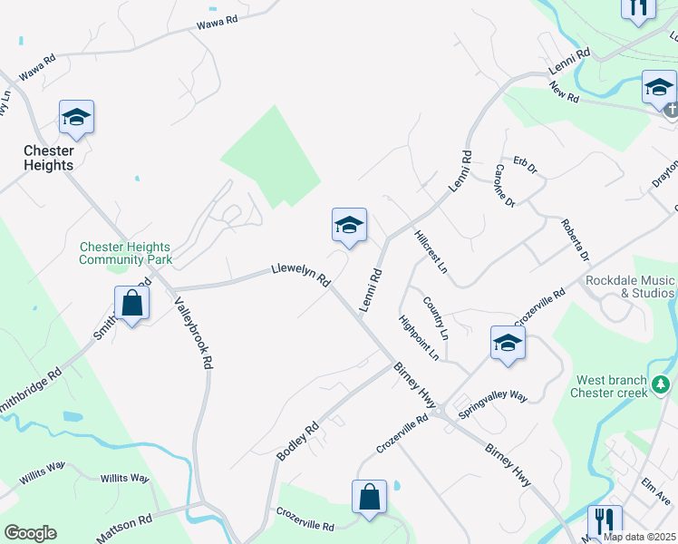 map of restaurants, bars, coffee shops, grocery stores, and more near 320 Llewelyn Road in Chester Heights