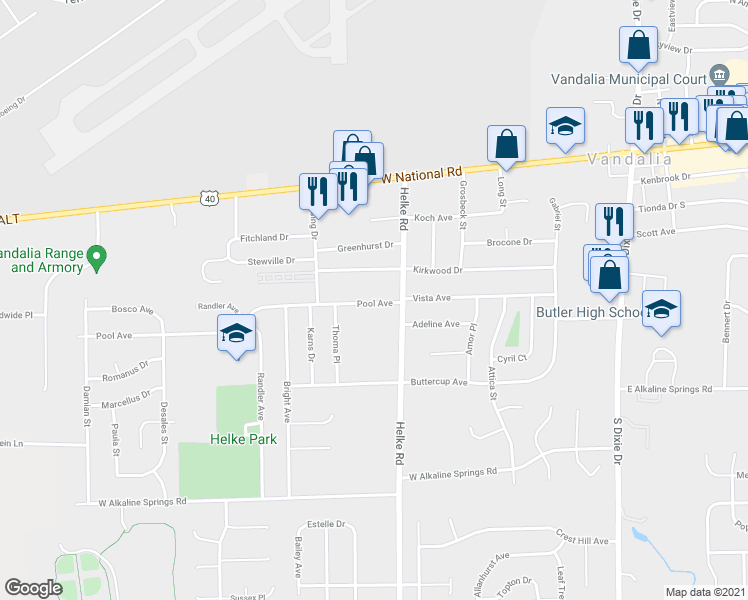map of restaurants, bars, coffee shops, grocery stores, and more near 629 Pool Avenue in Vandalia