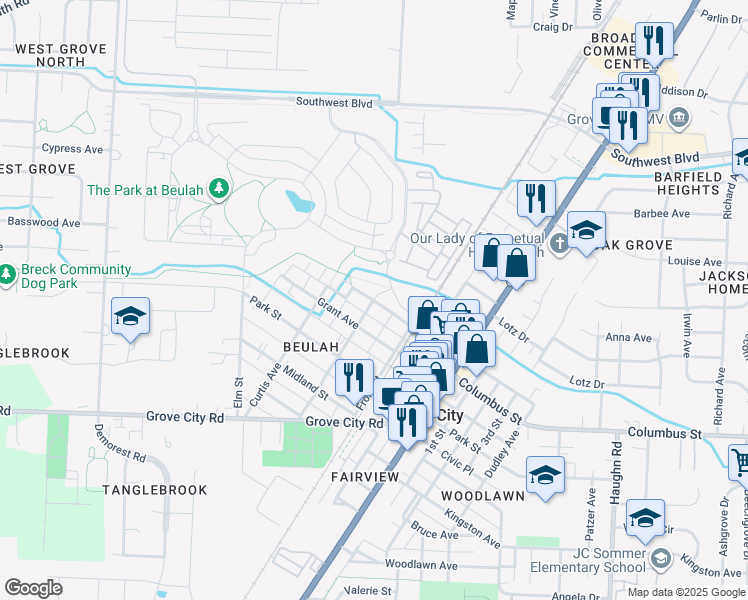 map of restaurants, bars, coffee shops, grocery stores, and more near 3510 West Cleveland Avenue in Grove City