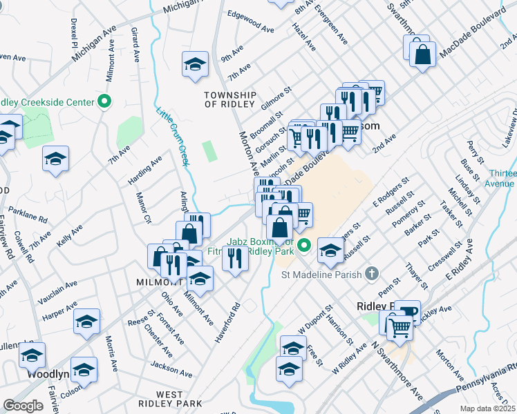 map of restaurants, bars, coffee shops, grocery stores, and more near 108 MacDade Boulevard in Folsom