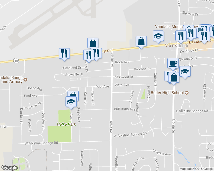 map of restaurants, bars, coffee shops, grocery stores, and more near 603 Pool Avenue in Vandalia