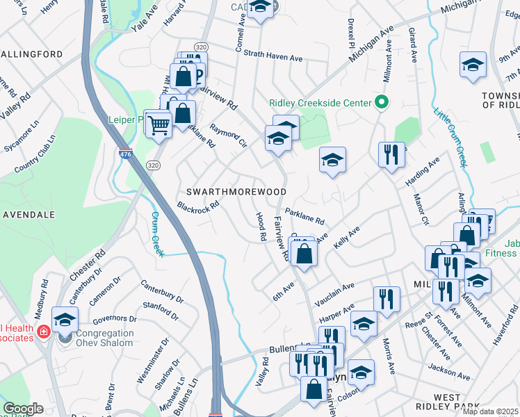map of restaurants, bars, coffee shops, grocery stores, and more near 1309 Parklane Road in Swarthmore