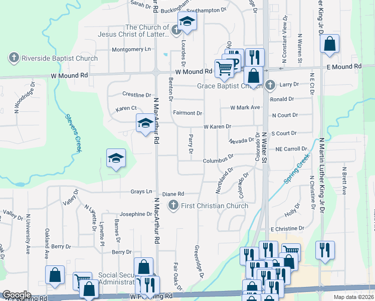 map of restaurants, bars, coffee shops, grocery stores, and more near 1-27 Parry Drive in Decatur