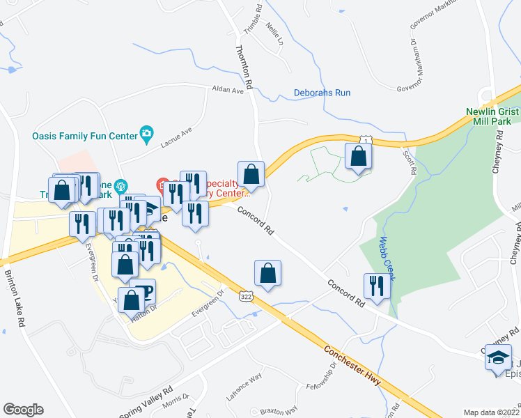 map of restaurants, bars, coffee shops, grocery stores, and more near 835 Concord Road in Glen Mills