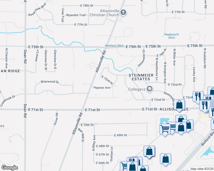 map of restaurants, bars, coffee shops, grocery stores, and more near 4935 East 72nd Place in Indianapolis