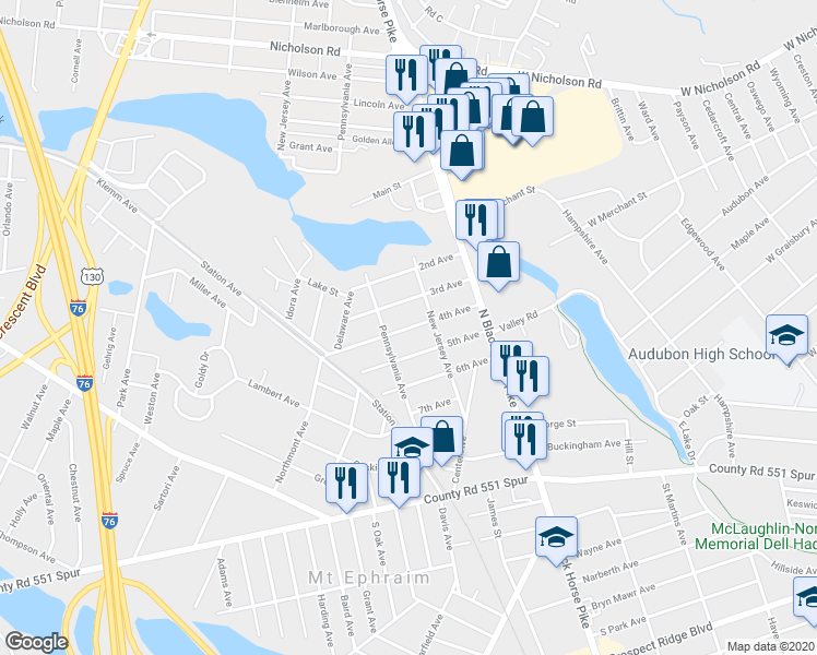 map of restaurants, bars, coffee shops, grocery stores, and more near 119 4th Avenue in Mount Ephraim