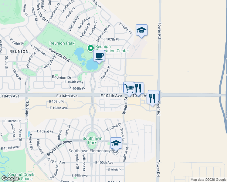 map of restaurants, bars, coffee shops, grocery stores, and more near 18063 East 104th Place in Commerce City