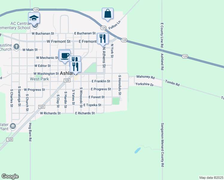 map of restaurants, bars, coffee shops, grocery stores, and more near S York St in Ashland