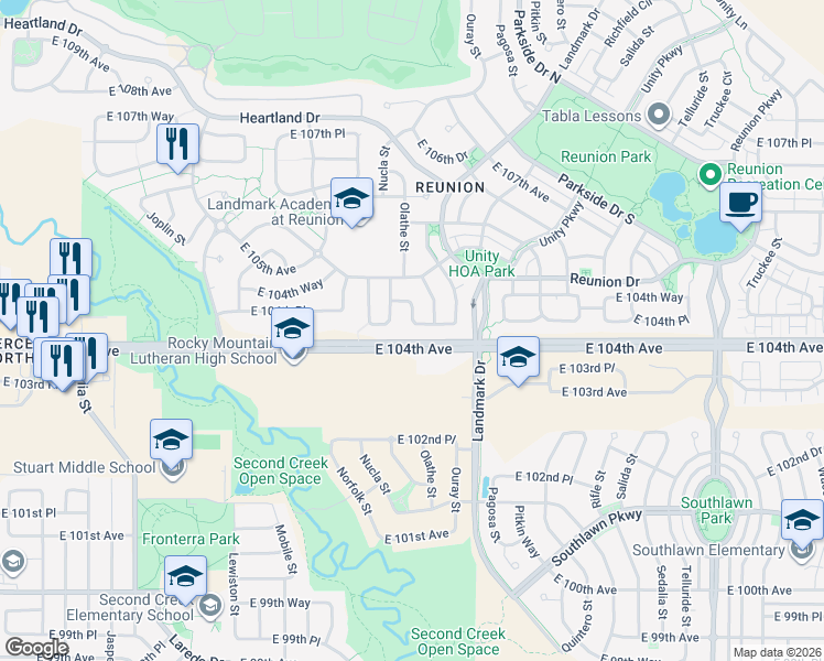 map of restaurants, bars, coffee shops, grocery stores, and more near 10449 Olathe Street in Commerce City