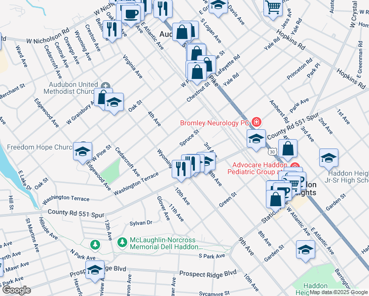 map of restaurants, bars, coffee shops, grocery stores, and more near 223 Spruce Street in Audubon