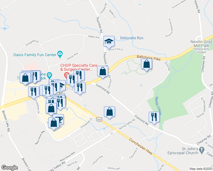 map of restaurants, bars, coffee shops, grocery stores, and more near 835 Concord Road in Glen Mills