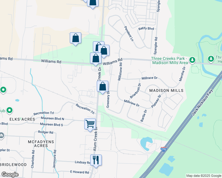 map of restaurants, bars, coffee shops, grocery stores, and more near 3927 Aires Brook Drive in Columbus