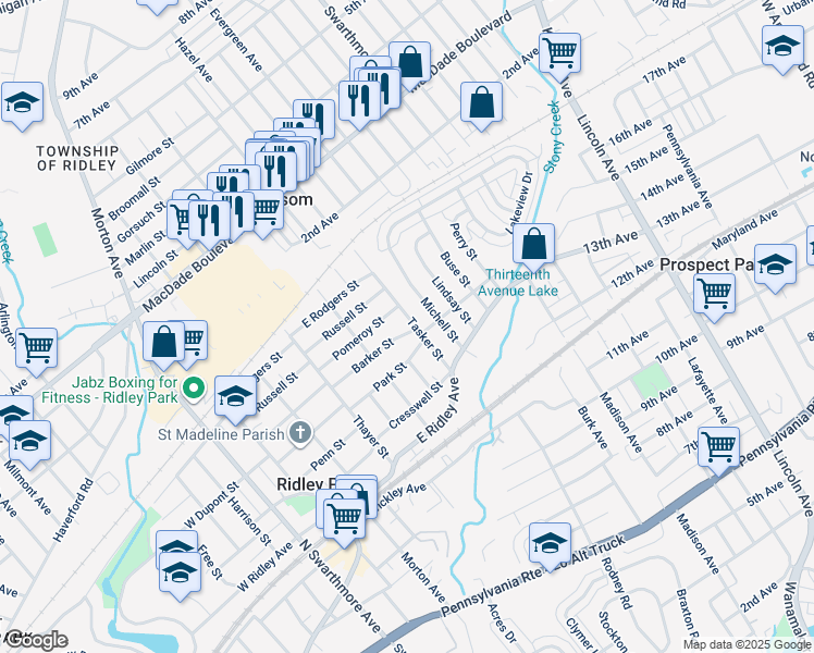 map of restaurants, bars, coffee shops, grocery stores, and more near 400 Tasker Street in Ridley Park