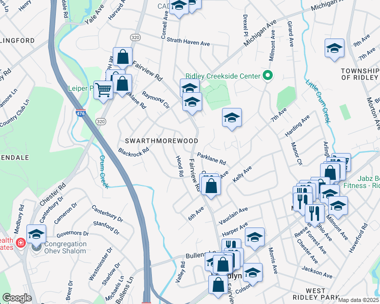 map of restaurants, bars, coffee shops, grocery stores, and more near 1309 Parklane Road in Swarthmore