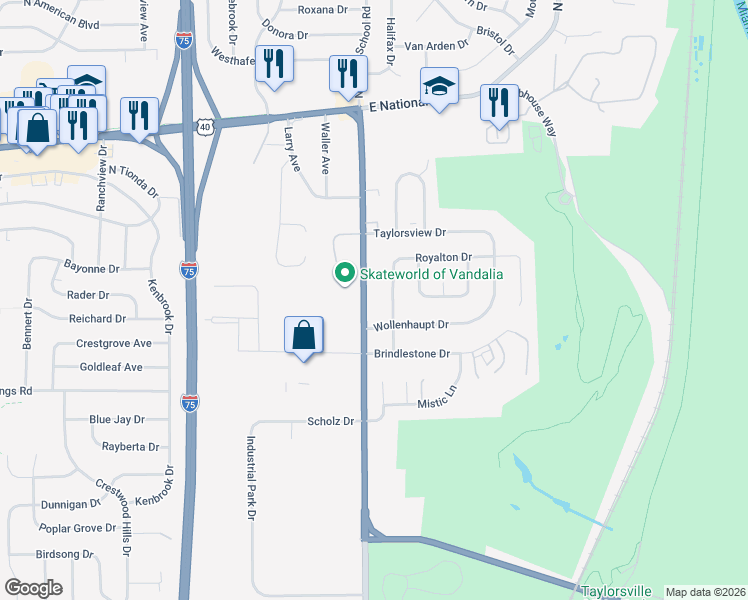 map of restaurants, bars, coffee shops, grocery stores, and more near 404 South Brown School Road in Vandalia
