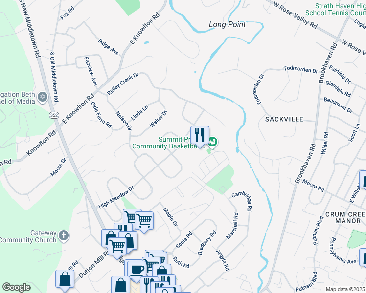 map of restaurants, bars, coffee shops, grocery stores, and more near 600 Meadowvale Lane in Media