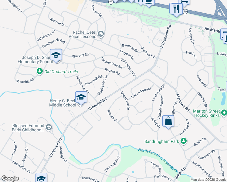 map of restaurants, bars, coffee shops, grocery stores, and more near 3 Hickory Lane in Cherry Hill