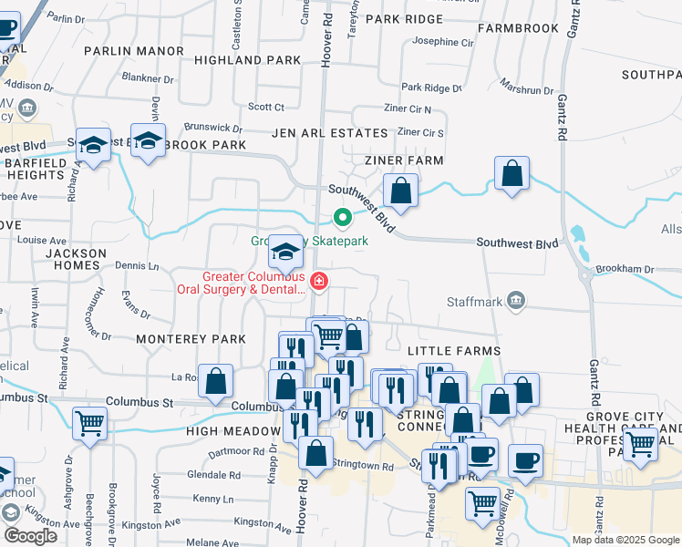 map of restaurants, bars, coffee shops, grocery stores, and more near 2438 Royal Meadow Lane in Grove City