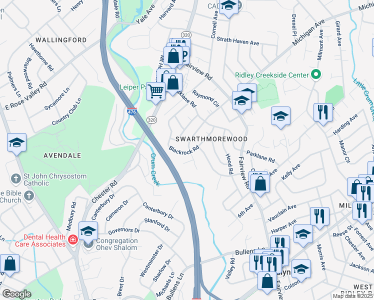 map of restaurants, bars, coffee shops, grocery stores, and more near 1441 Michigan Avenue in Swarthmore