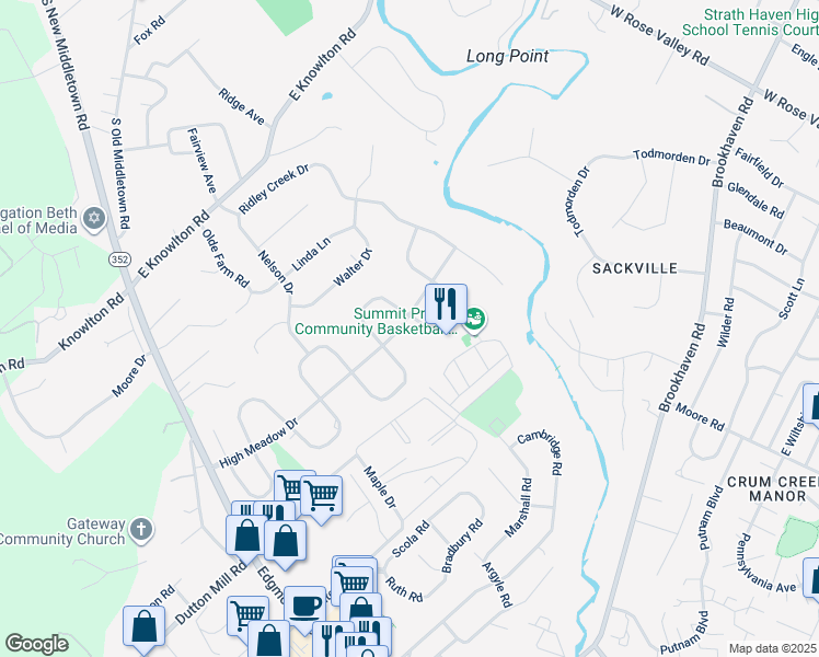 map of restaurants, bars, coffee shops, grocery stores, and more near 600 Meadowvale Lane in Media