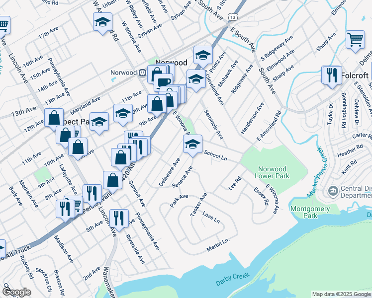 map of restaurants, bars, coffee shops, grocery stores, and more near 518 Delaware Avenue in Norwood