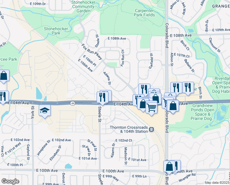 map of restaurants, bars, coffee shops, grocery stores, and more near 10451 Adams Street in Northglenn