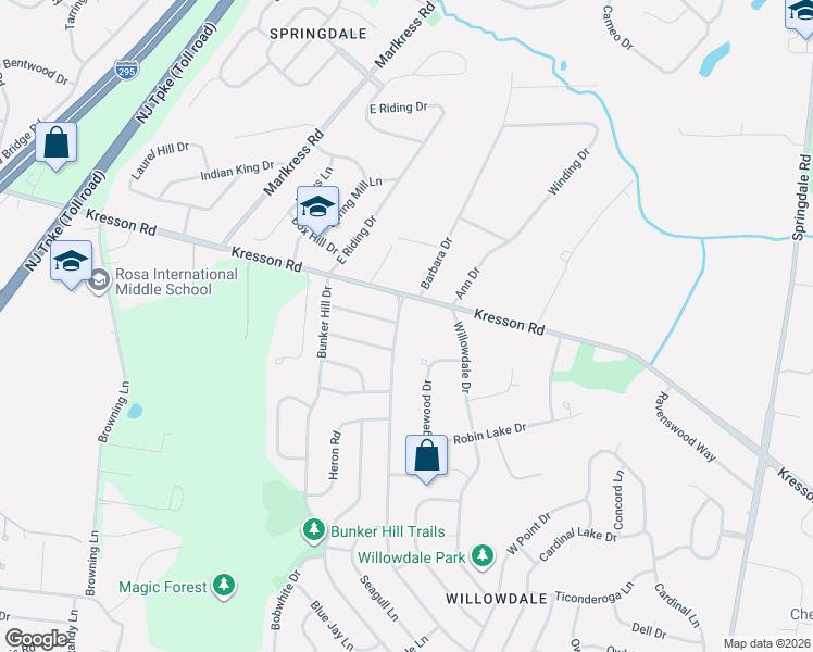 map of restaurants, bars, coffee shops, grocery stores, and more near 1100 Kresson Road in Cherry Hill