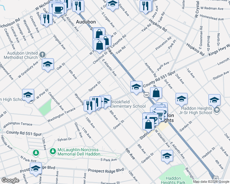 map of restaurants, bars, coffee shops, grocery stores, and more near 123 Washington Terrace in Audubon