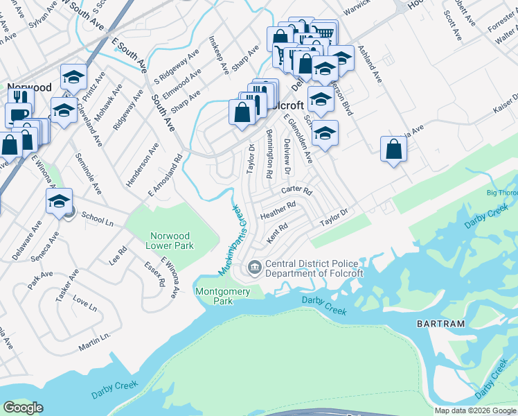 map of restaurants, bars, coffee shops, grocery stores, and more near 2010 Carter Road in Folcroft