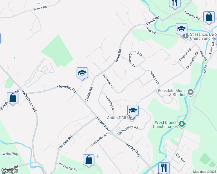 map of restaurants, bars, coffee shops, grocery stores, and more near 1600 Hillcrest Lane in Aston