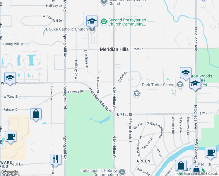 map of restaurants, bars, coffee shops, grocery stores, and more near 1 West 73rd Street in Indianapolis