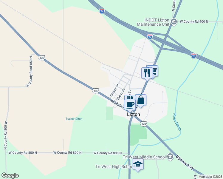 map of restaurants, bars, coffee shops, grocery stores, and more near 8484 West Street in Lizton