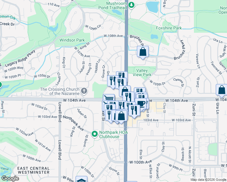 map of restaurants, bars, coffee shops, grocery stores, and more near 3053 West 104th Avenue in Westminster