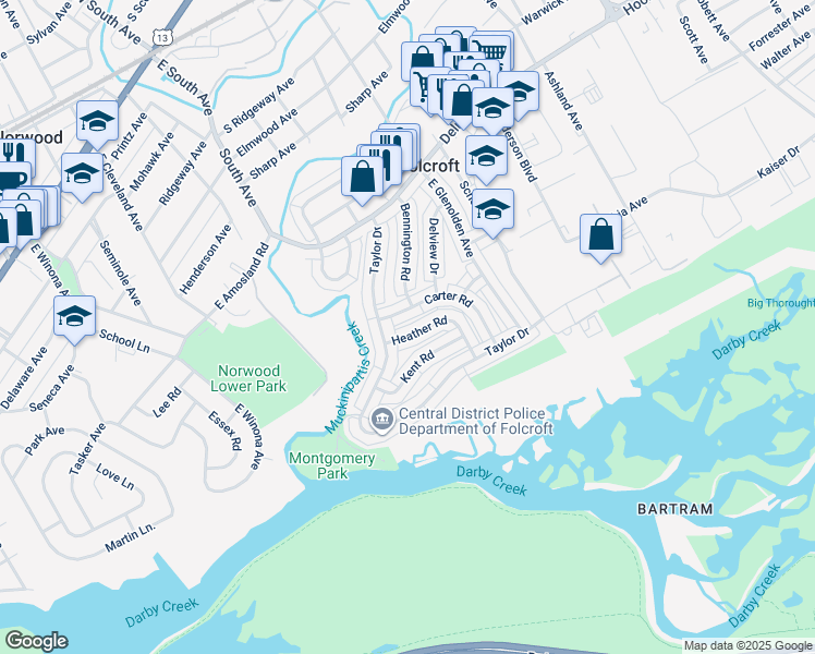 map of restaurants, bars, coffee shops, grocery stores, and more near 2014 Heather Road in Folcroft