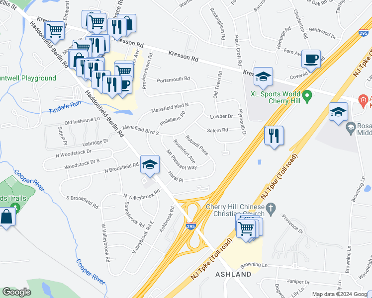 map of restaurants, bars, coffee shops, grocery stores, and more near 1008 Roumfort Avenue in Cherry Hill