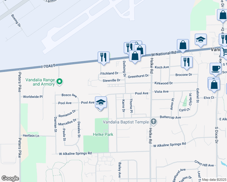 map of restaurants, bars, coffee shops, grocery stores, and more near 870 Continental Court in Vandalia
