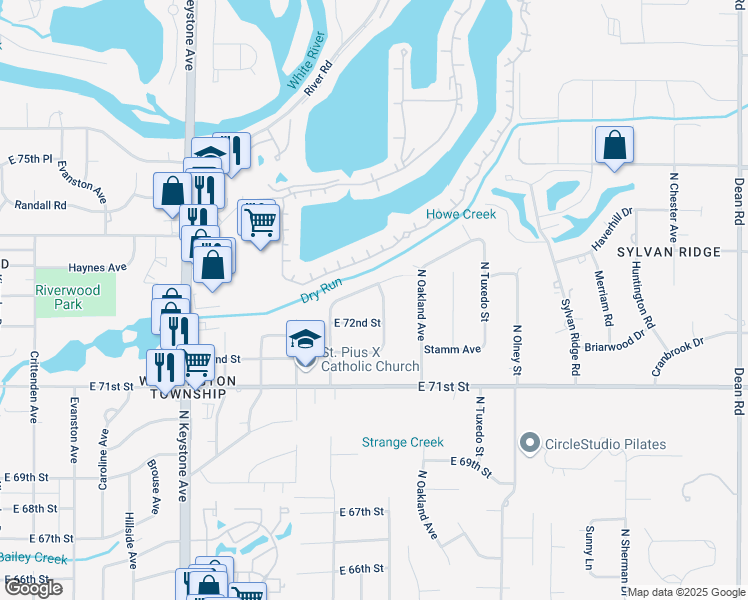 map of restaurants, bars, coffee shops, grocery stores, and more near 7237 North Parker Avenue in Indianapolis