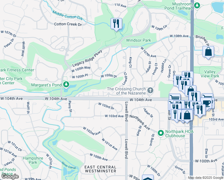 map of restaurants, bars, coffee shops, grocery stores, and more near 10467 Lowell Court in Westminster
