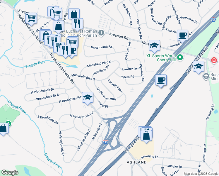 map of restaurants, bars, coffee shops, grocery stores, and more near 1008 Roumfort Avenue in Cherry Hill