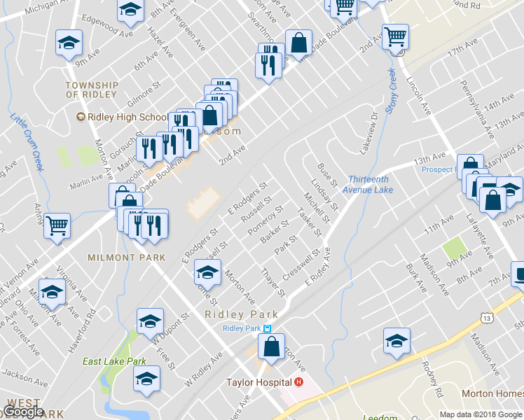 map of restaurants, bars, coffee shops, grocery stores, and more near 402 Russell Street in Ridley Park