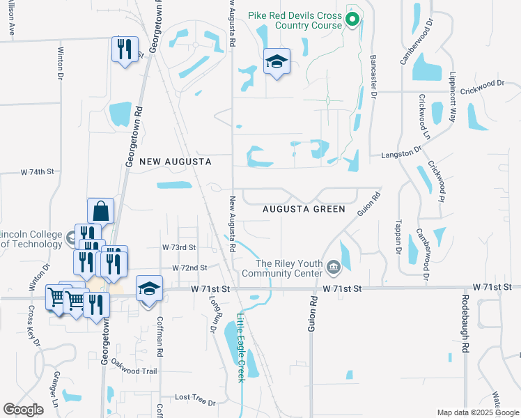 map of restaurants, bars, coffee shops, grocery stores, and more near 4402 Mulligan Way in Indianapolis