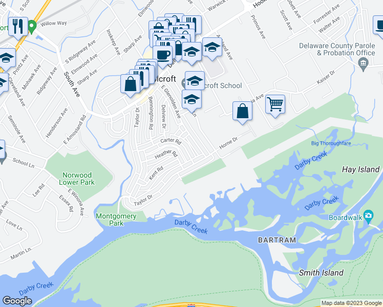map of restaurants, bars, coffee shops, grocery stores, and more near 1892 Carter Road in Folcroft