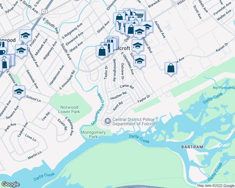 map of restaurants, bars, coffee shops, grocery stores, and more near 2024 Heather Road in Folcroft