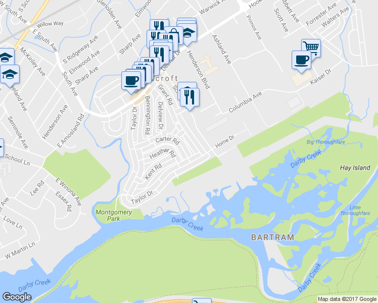 map of restaurants, bars, coffee shops, grocery stores, and more near 1890 Carter Road in Folcroft