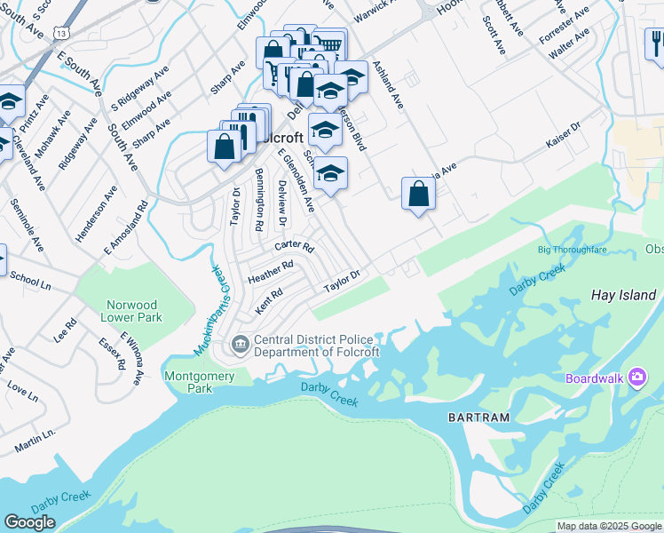 map of restaurants, bars, coffee shops, grocery stores, and more near 1890 Carter Road in Folcroft