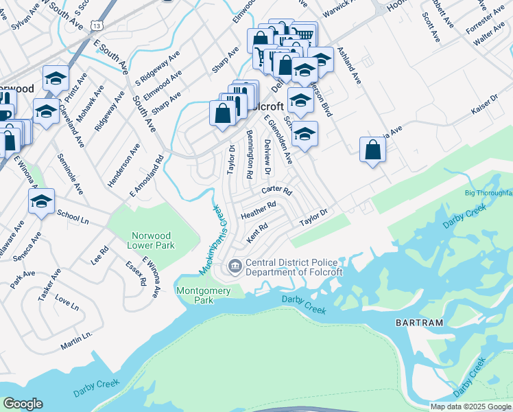 map of restaurants, bars, coffee shops, grocery stores, and more near 2024 Heather Road in Folcroft