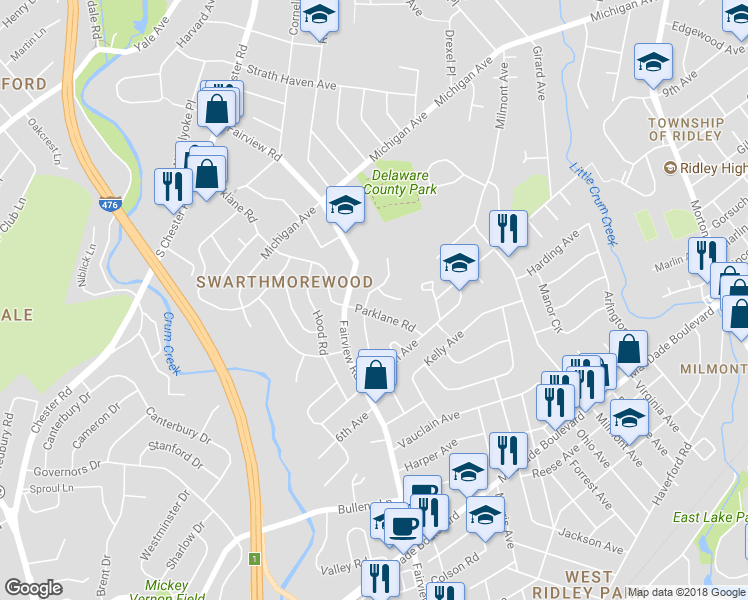 map of restaurants, bars, coffee shops, grocery stores, and more near 812 Colwell Road in Swarthmore
